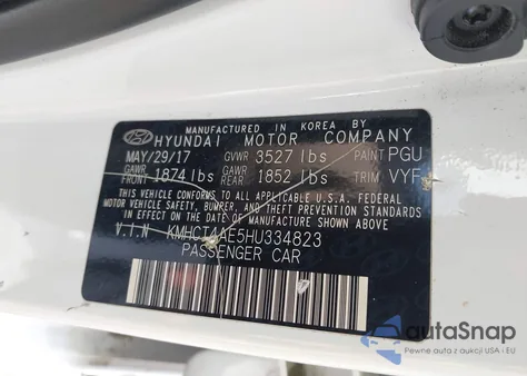 2017 Hyundai Accent Value Edition z USA, uszkodzony, nr VIN KMHCT4AE5HU334823